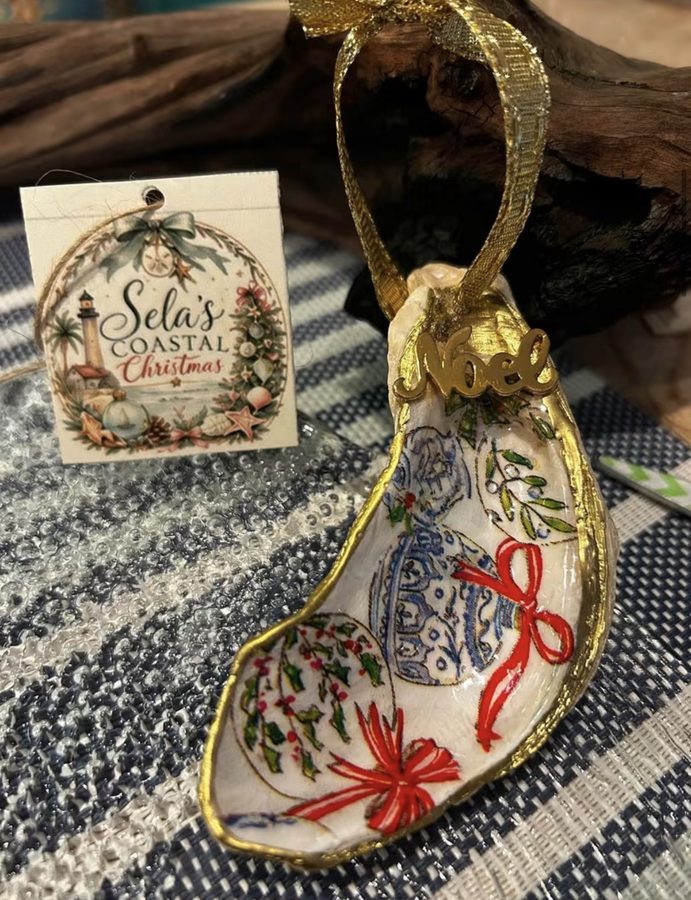 Noel painted oyster shell ornament